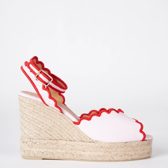 Castaner Shoes - Castaner Pink Espadrille Wedges with Scalloped Red Trim